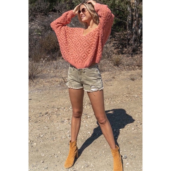 POL Light Coral Chenille Diamond Patterned Textured Knit Sweater - Picture 6 of 11